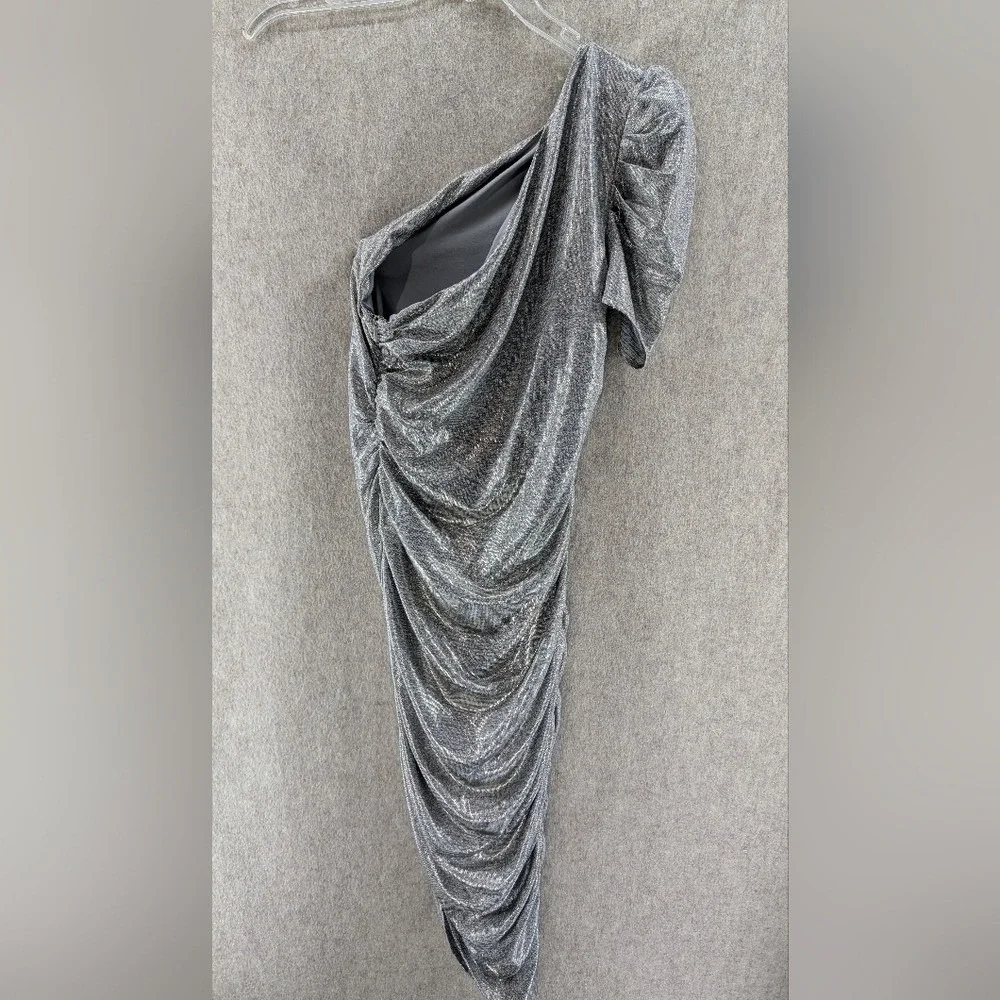 House of Harlow 1960 Silver Metallic One Shoulder Ruched Bodycon Dress